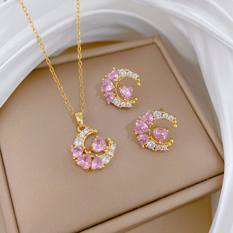 Pink Celestia Gold Crystal Necklace & Earrings Set