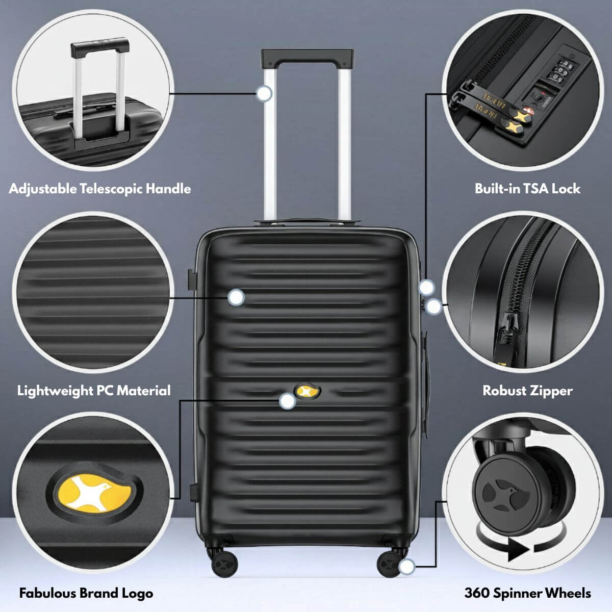 Black Medium Check In Luggage - Lightweight Expandable Hard Shell Suitcase | NordVault | 65 cm
