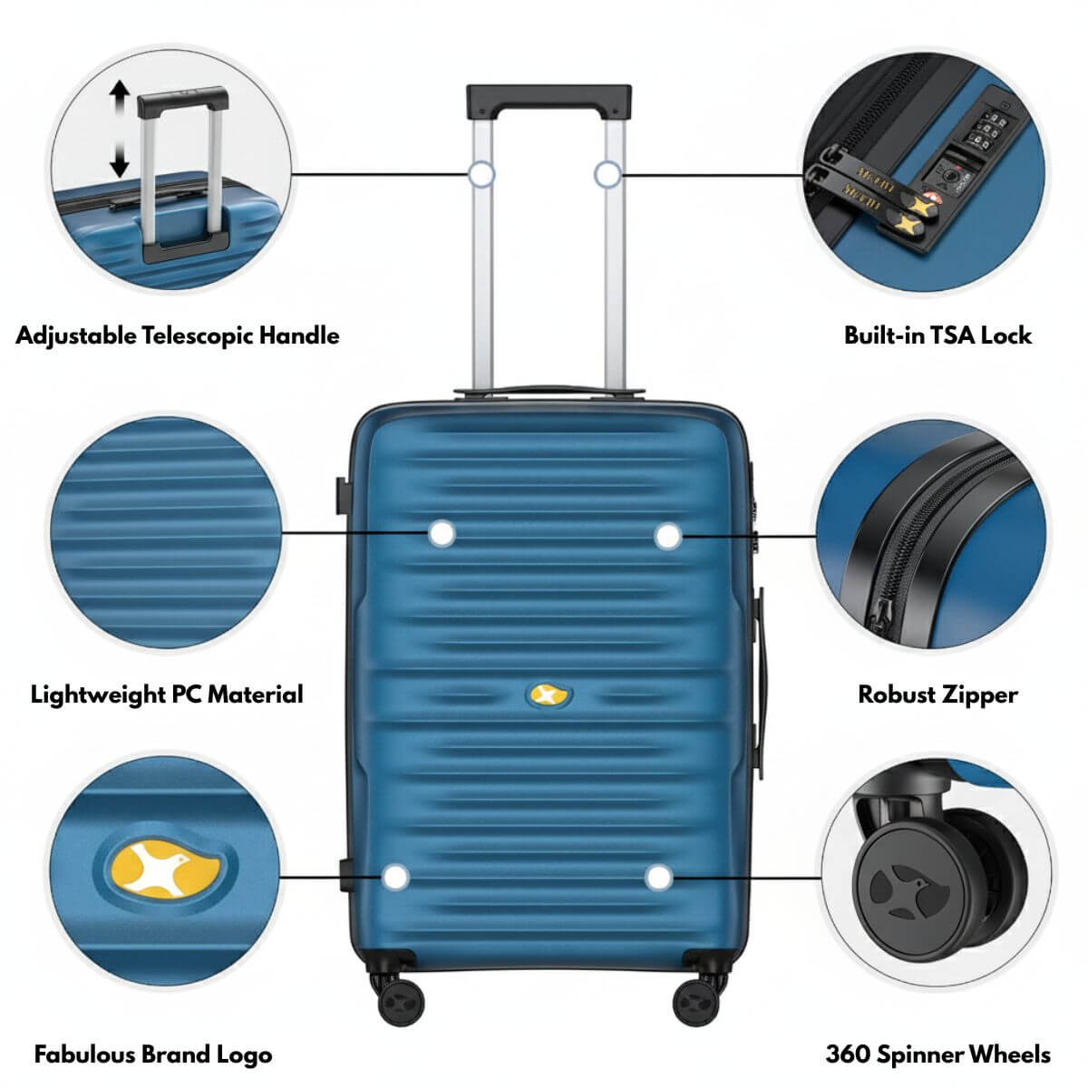 Medium Check In Luggage - Lightweight Hard Shell Expandable Travel Suitcase | NordVault | Blue | 65 cm
