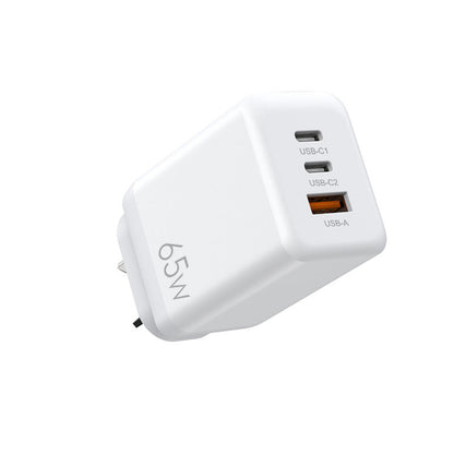 65W GaN Fast Charging Wall Charger Dual USB-C + USB-A Adapter