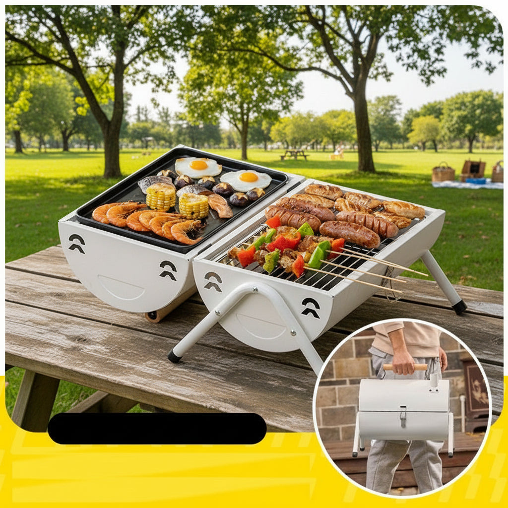 Portable Charcoal Grill Smoke Barbecue Grill Lockable Lid Wooden Handle