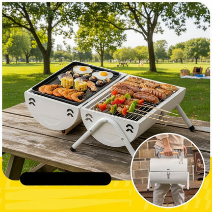 Portable Charcoal Grill Smoke Barbecue Grill Lockable Lid Wooden Handle