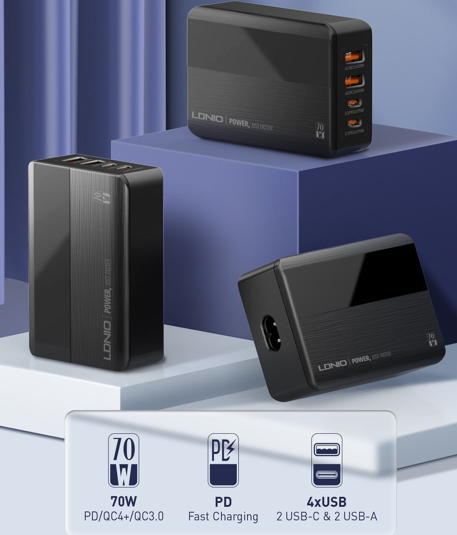 70W USB-C USB Fast Wall charger charging 4 ports with Digital Display