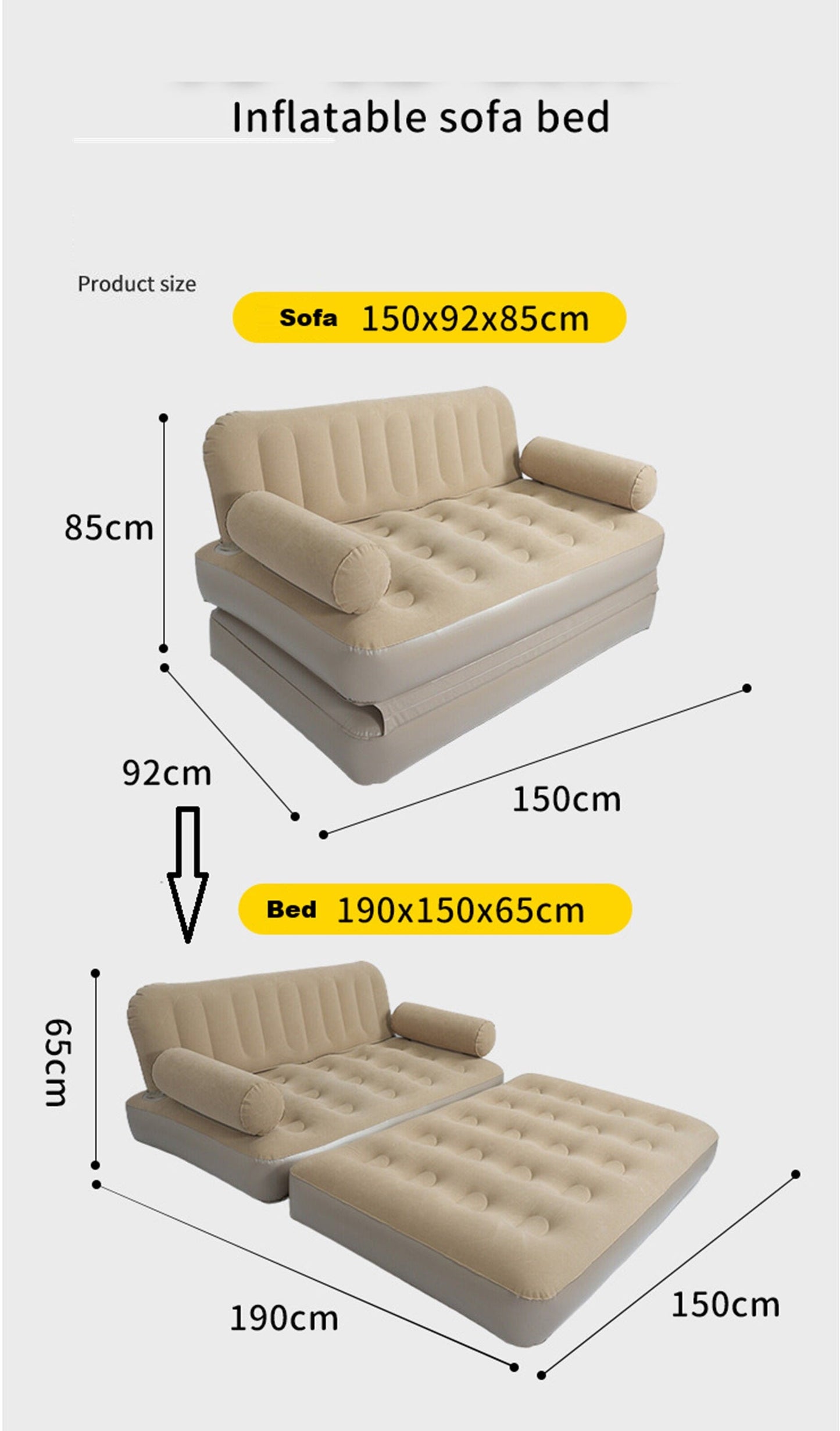 2-in-1 Inflatable Sofa Bed – Double Air Couch with High Backrest and Built-in Pump LX9521