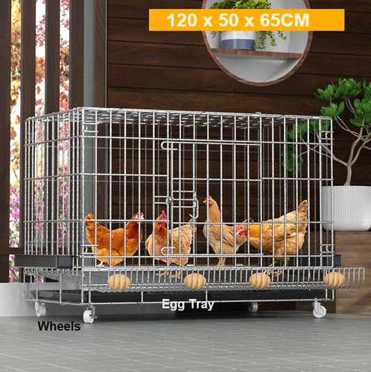 Chicken Coop 120CM Durable Collapsible Metal Cage Egg Tray with Wheels &amp; Cover