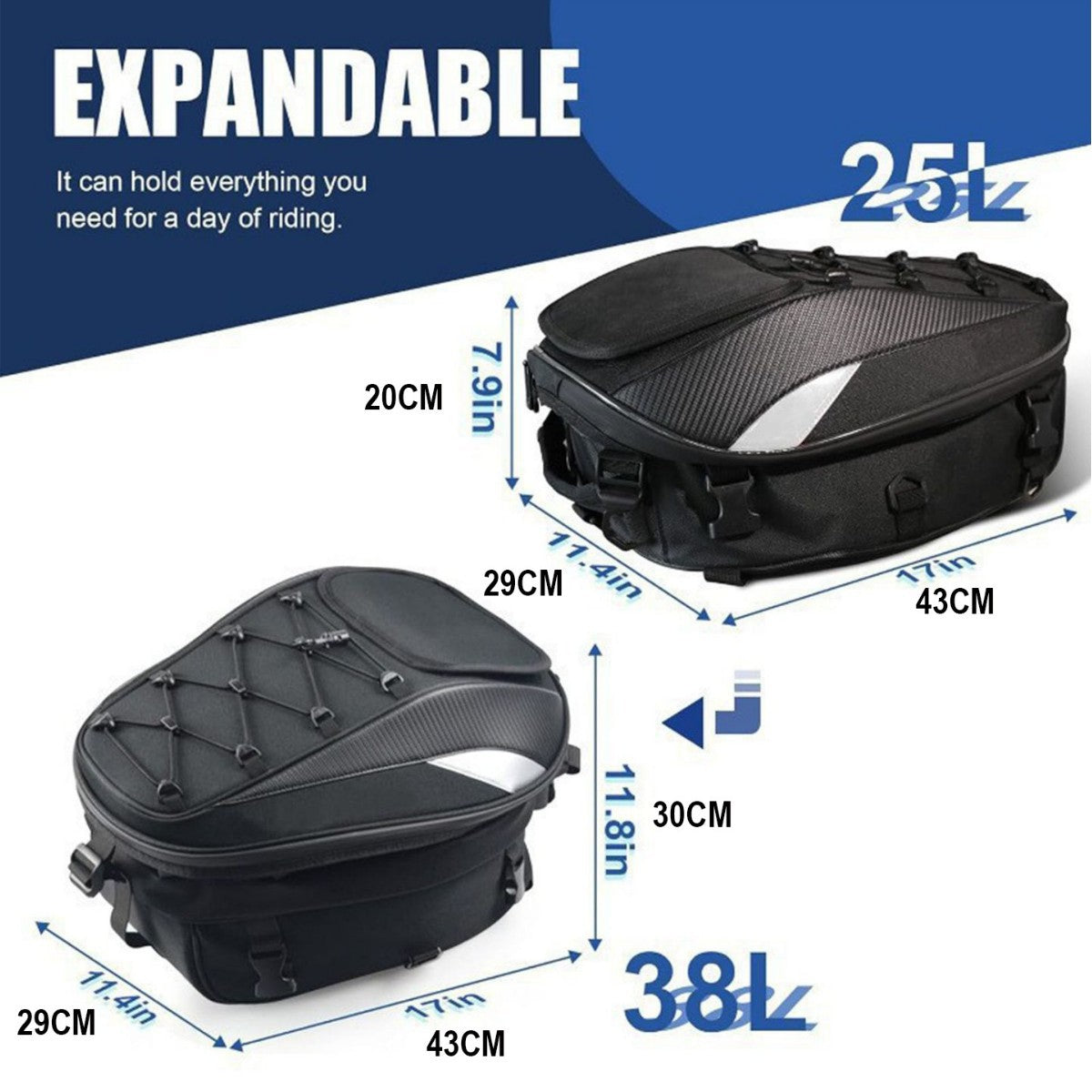 ECOTREK Expandable Waterproof Motorcycle Tail Bag & Backpack 25L–38L BQF1111