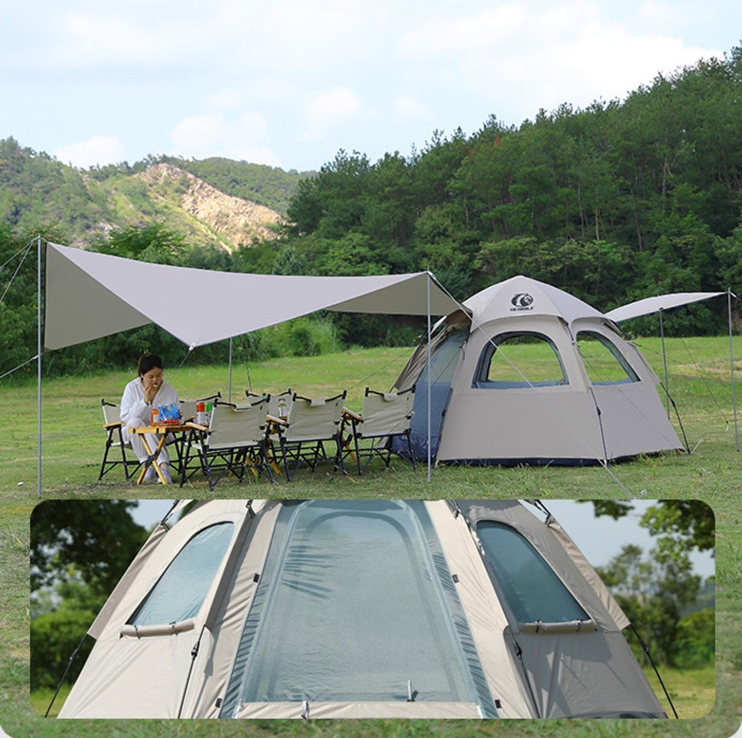Pop-up Hexagonal Double-Layer Waterproof Tent + Winged Canopy