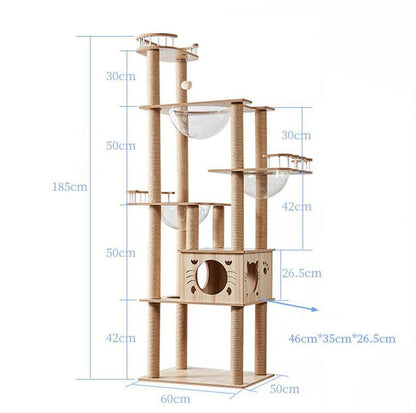 185cm Modern Multi-Level Large Real Solid Wood Cat Tree, Luxury Wooden Cat Tower