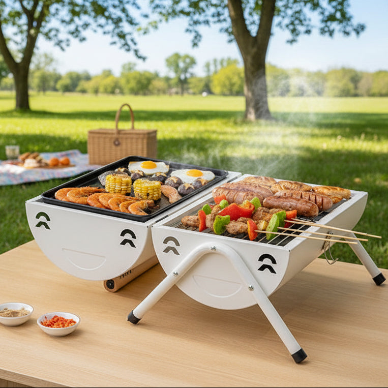 Portable Charcoal Grill Smoke Barbecue Grill Lockable Lid Wooden Handle