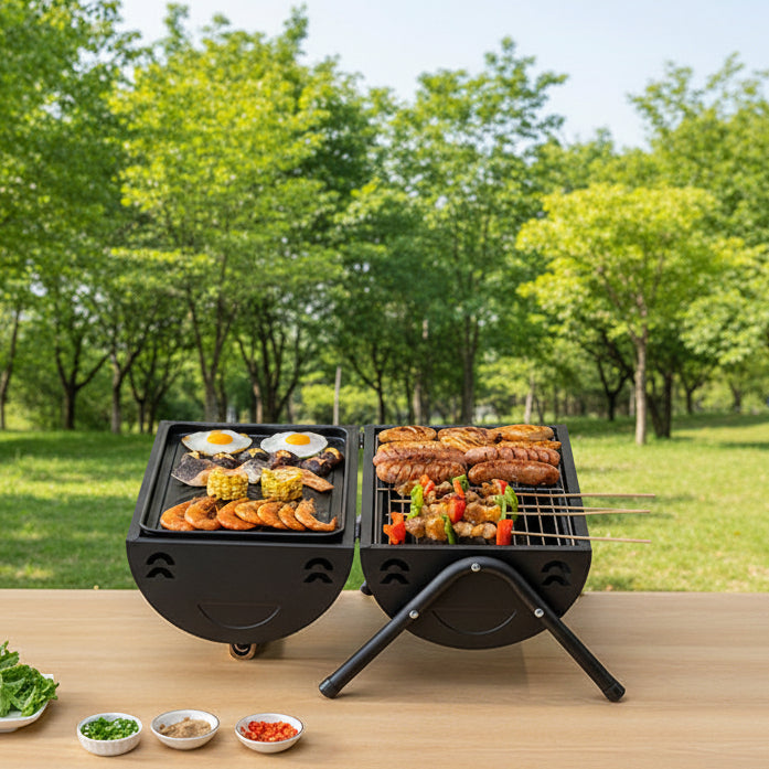 Portable Charcoal Grill Smoke Barbecue Grill Lockable Lid Wooden Handle