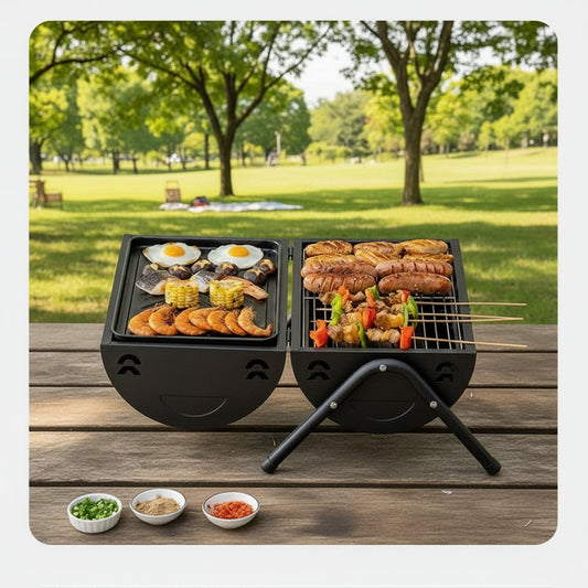 Portable Charcoal Grill Smoke Barbecue Grill Lockable Lid Wooden Handle