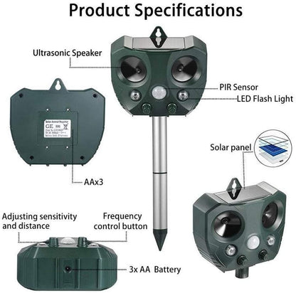 Ultrasonic Solar Powered Insect Animal Repeller Pir Dog Cat Scarer