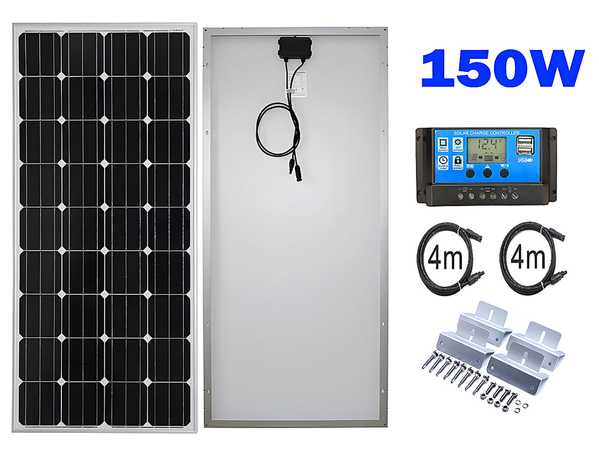 Solar Panel 150 Watt 12-18 Volt Monocrystalline Controller Z Brackets Cables