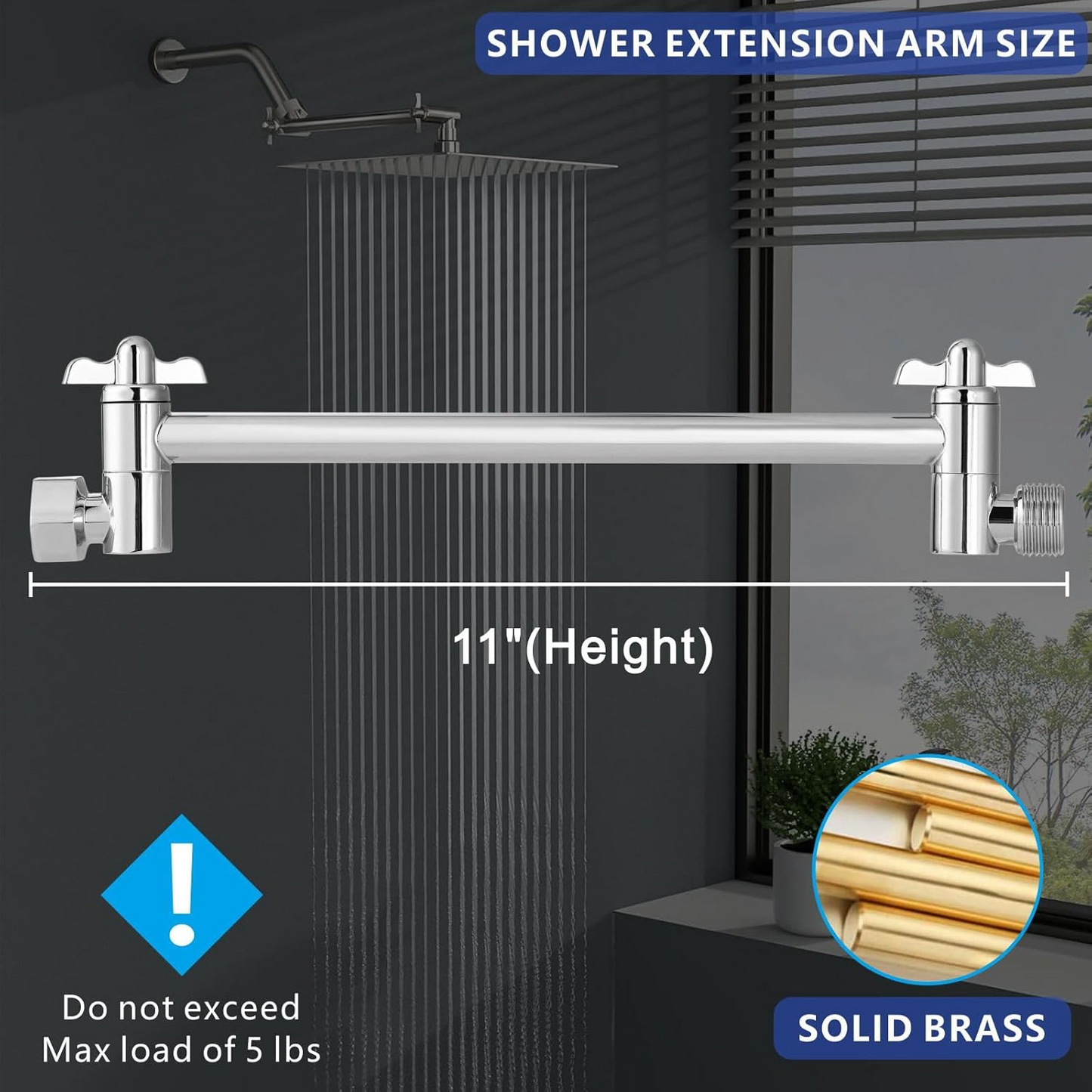 Shower Head Extension Arm (Silver, 11-inch Extension)