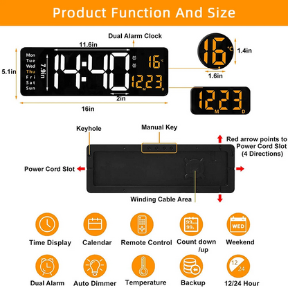 Digital Wall Clock Large Display LED Clock 16"
