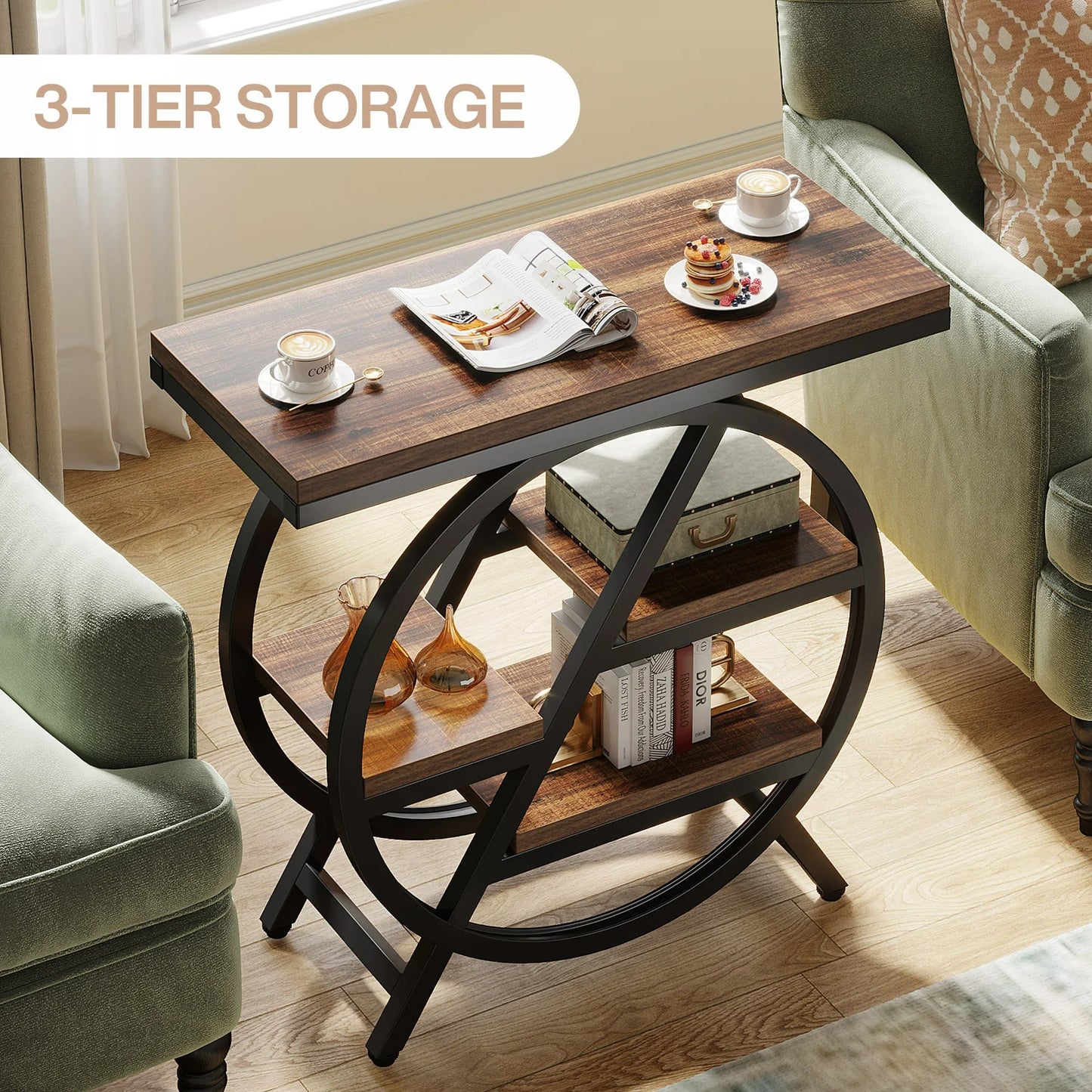 3 Tier Side Table with Storage Shelf Narrow End Table