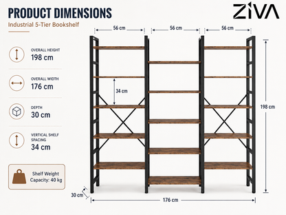 Ziva Industrial Bookshelf Bookcase 17 Shelf