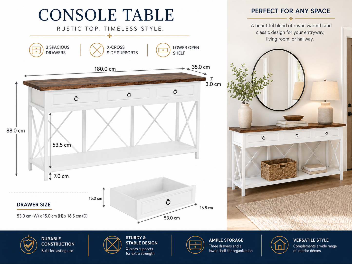 180cm Console Table Hall way Entry Table with 3 Drawers