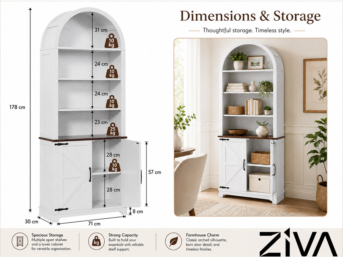 Ziva Arched Bookshelf Bookcase with Doors 6-Tier