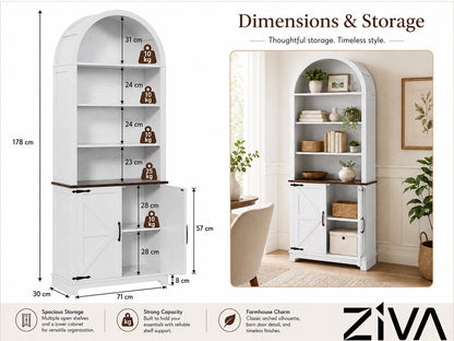 Ziva Arched Bookshelf Bookcase with Doors 6-Tier