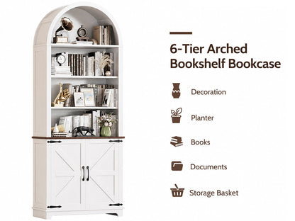 Ziva Arched Bookshelf Bookcase with Doors 6-Tier