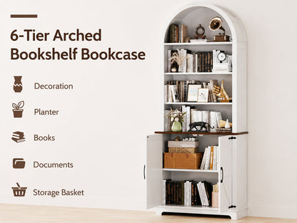 Ziva Arched Bookshelf Bookcase with Doors 6-Tier