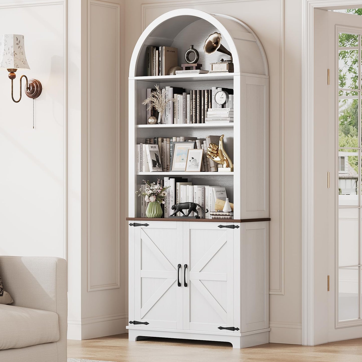 Ziva Arched Bookshelf Bookcase with Doors 6-Tier