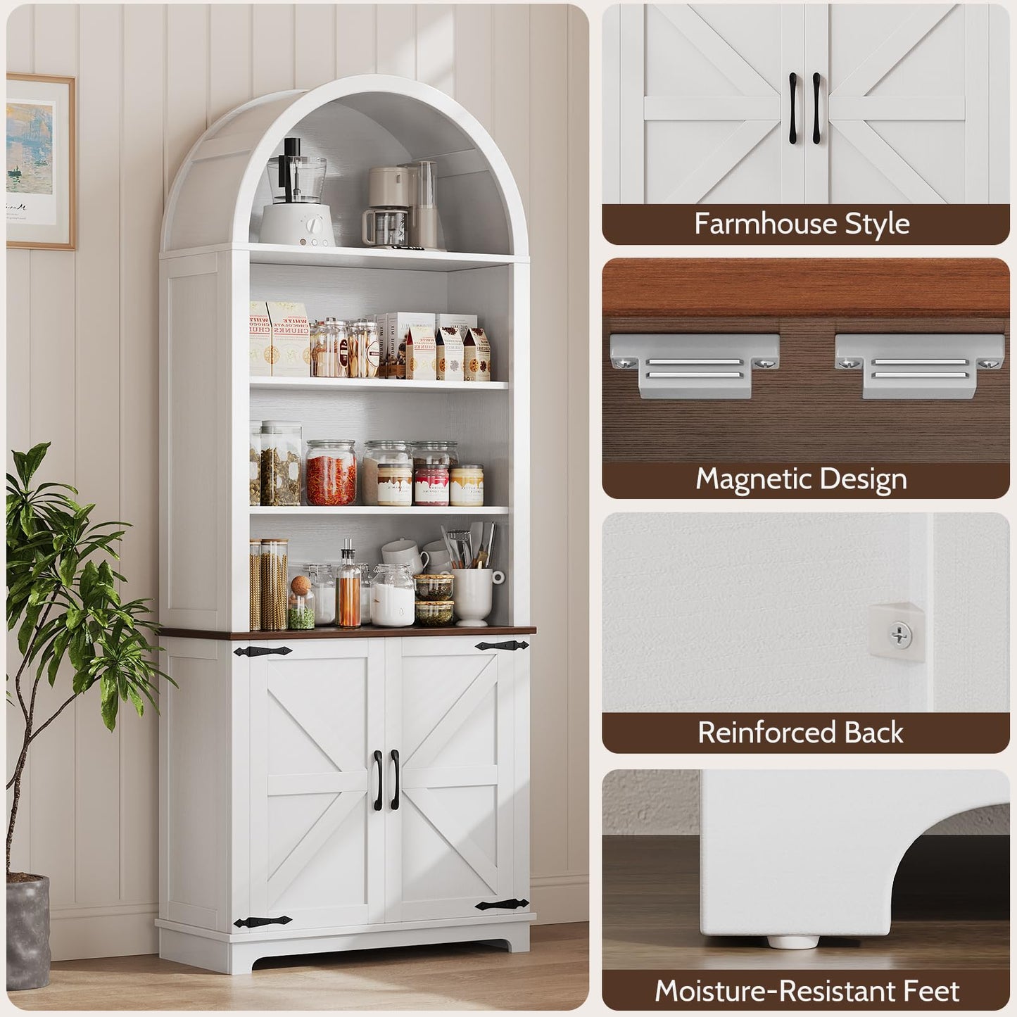 Ziva Arched Bookshelf Bookcase with Doors 6-Tier