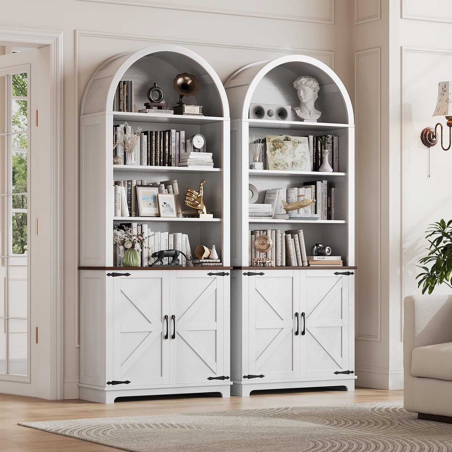 Ziva Arched Bookshelf Bookcase with Doors 6-Tier
