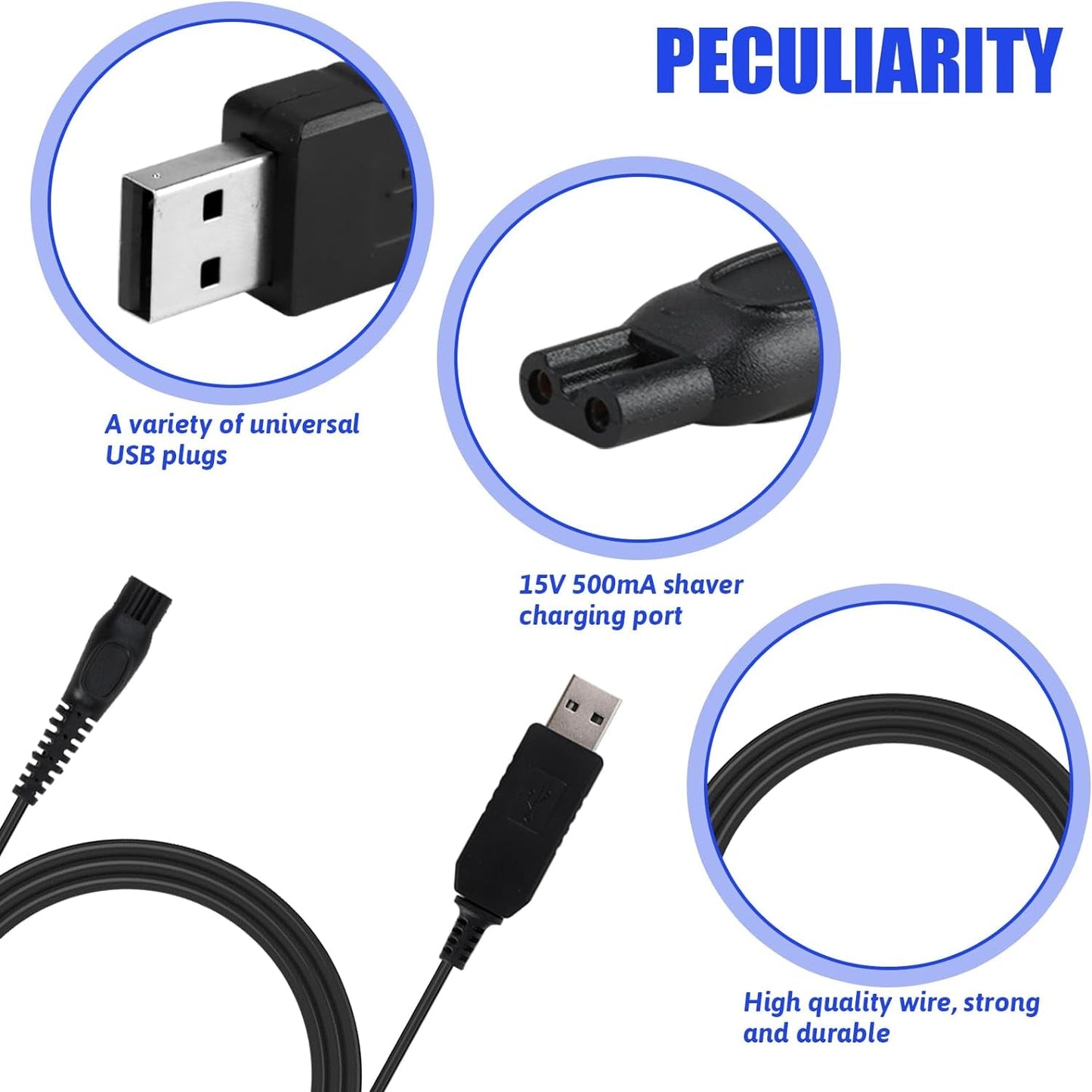 Philips Shaver Charger Cable USB Charging Cable Compatible with Philips Norelco & OneBlade Shavers