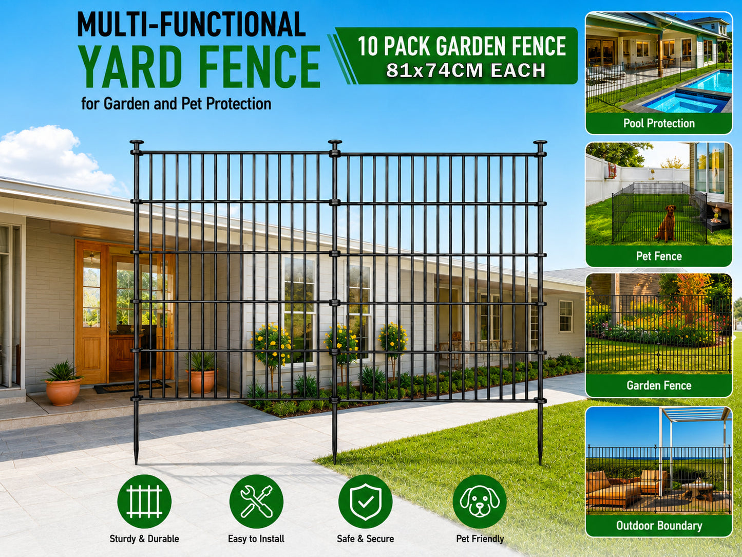 10 Pack Metal Garden Barrier Fence - 80x69cm Animal Fence Panels, Decorative Garden Border