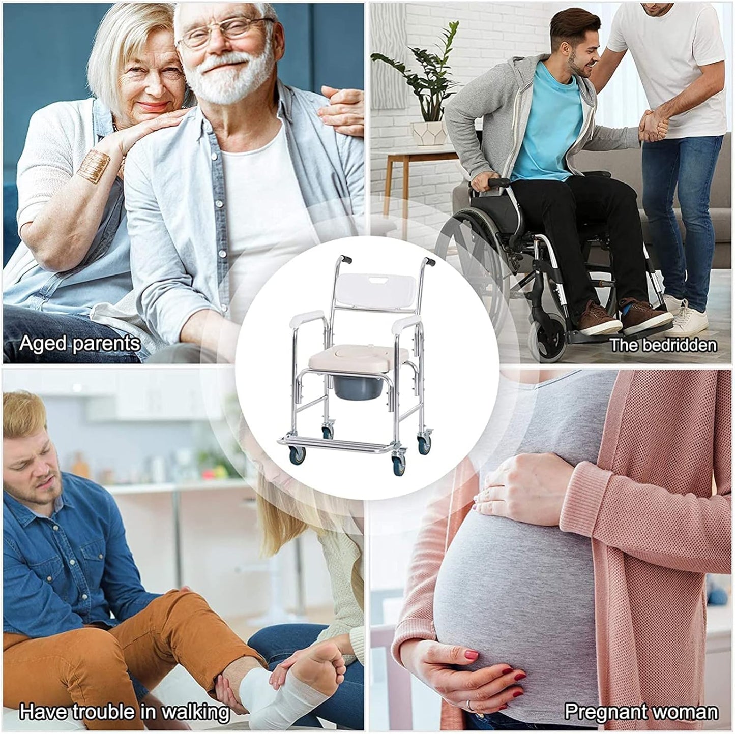 Mobile Shower Toilet Commode Chair Bath Wheelchair 4 in 1 Bath Stool Folding with Arms