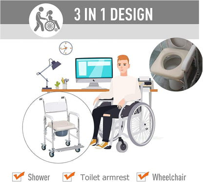 Mobile Shower Toilet Commode Chair Bath Wheelchair 4 in 1 Bath Stool Folding with Arms