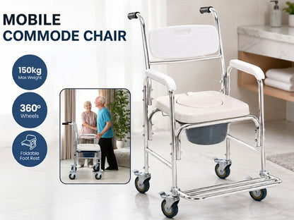 Mobile Shower Toilet Commode Chair Bath Wheelchair 4 in 1 Bath Stool Folding with Arms