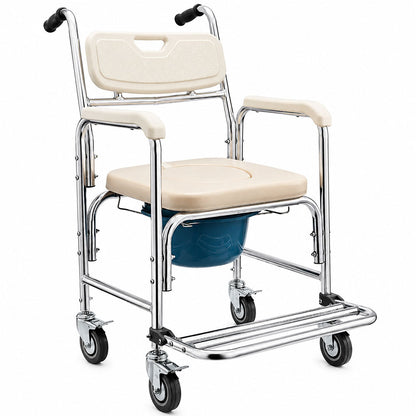 Mobile Shower Toilet Commode Chair Bath Wheelchair 4 in 1 Bath Stool Folding with Arms