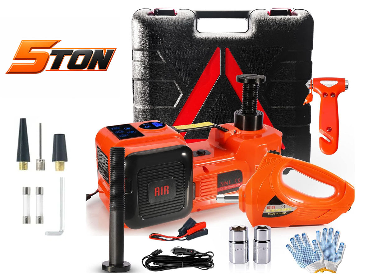 5Ton 12V Car Electric Hydraulic Floor Jack Lift + Impact Wrench Kit Box 3 in 1