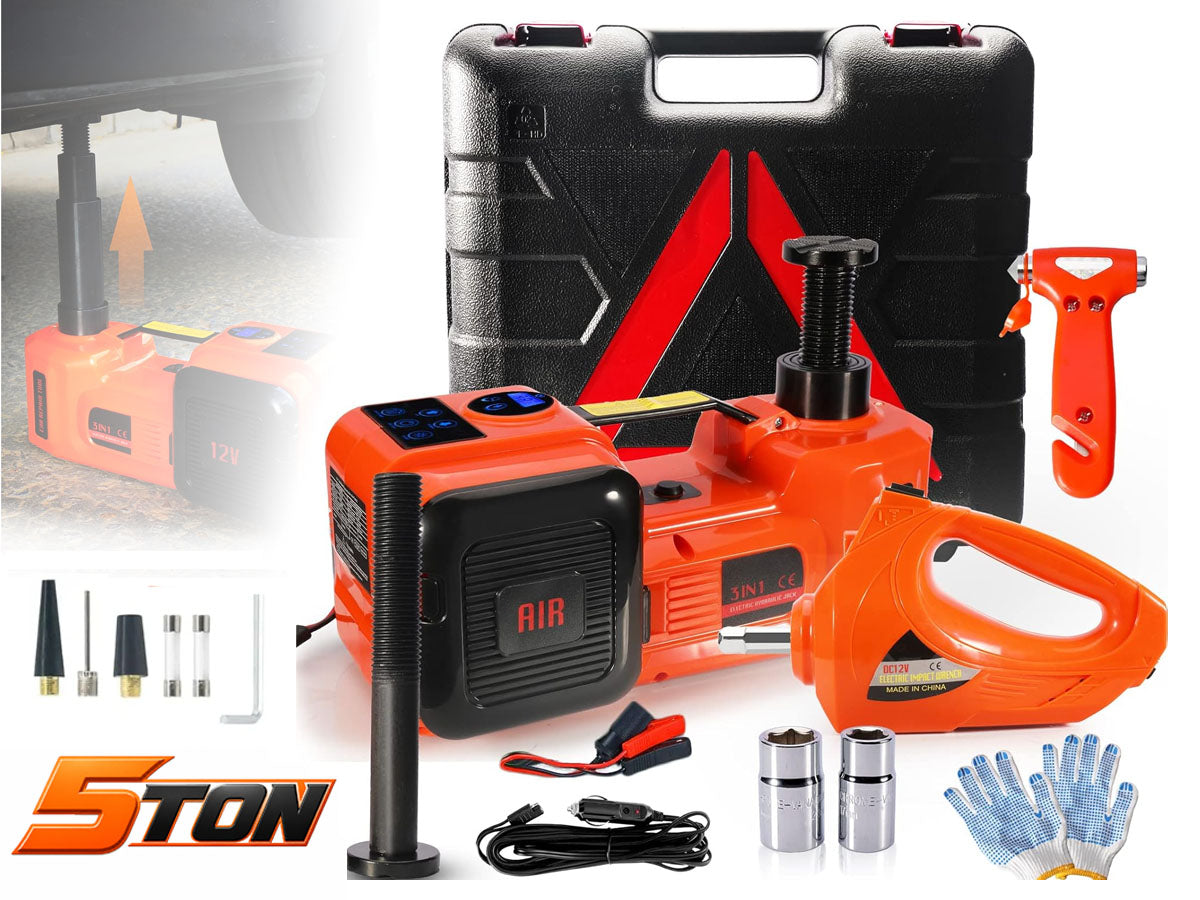 5Ton 12V Car Electric Hydraulic Floor Jack Lift + Impact Wrench Kit Box 3 in 1