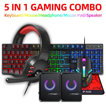 5 in 1 Layout Wired 104 Keys Gaming Keyboard Mouse Headphone Speaker RGB PC Xbox