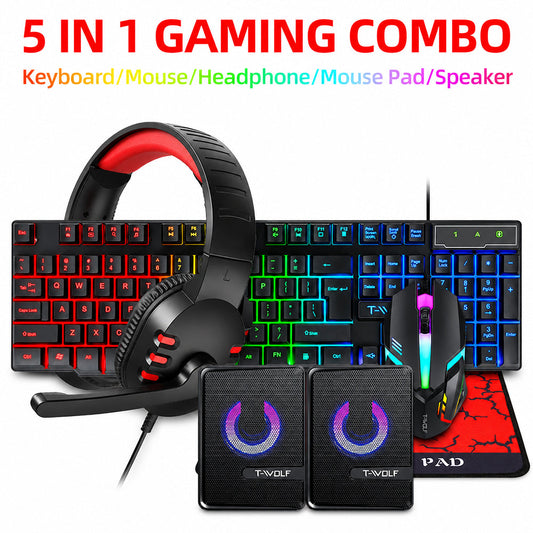 5 in 1 Layout Wired 104 Keys Gaming Keyboard Mouse Headphone Speaker RGB PC Xbox