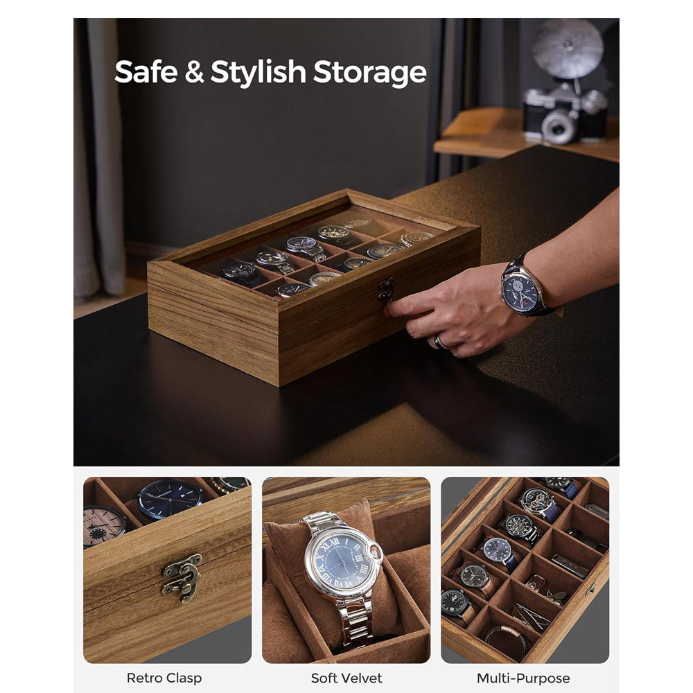 12 Slot Wood Watch Box With Large Glass Lid - Rustic Walnut