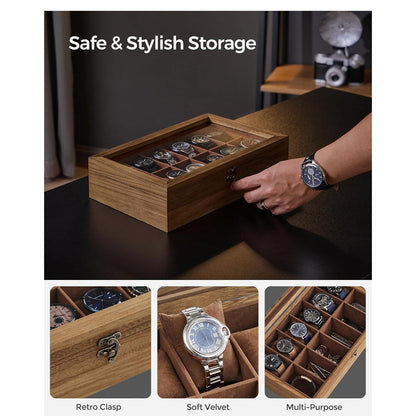 12 Slot Wood Watch Box With Large Glass Lid - Rustic Walnut