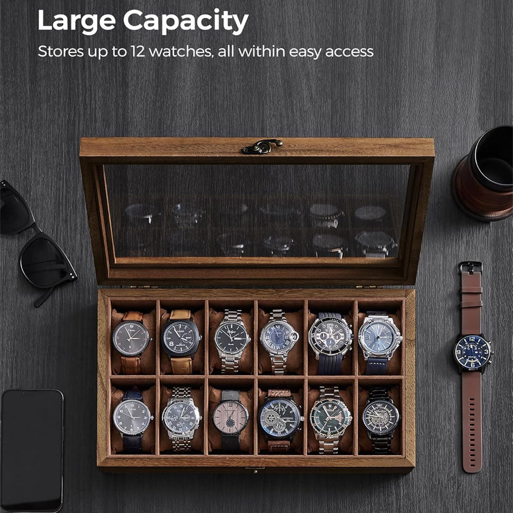 12 Slot Wood Watch Box With Large Glass Lid - Rustic Walnut