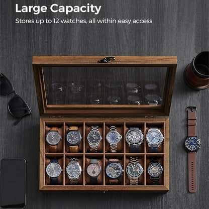 12 Slot Wood Watch Box With Large Glass Lid - Rustic Walnut