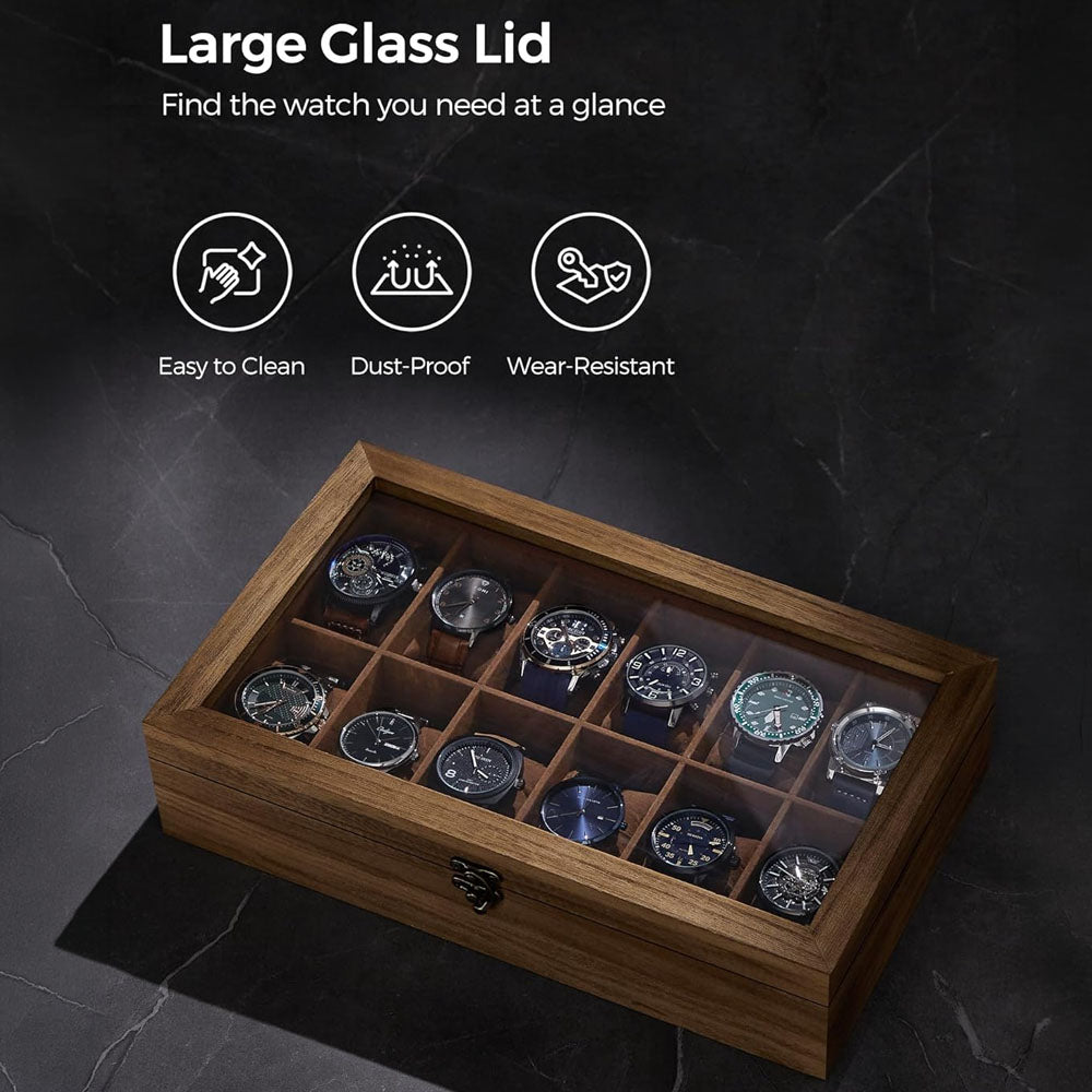 12 Slot Wood Watch Box With Large Glass Lid - Rustic Walnut