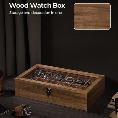 12 Slot Wood Watch Box With Large Glass Lid - Rustic Walnut