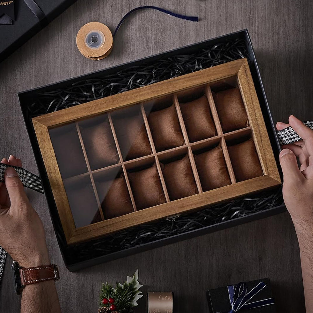 12 Slot Wood Watch Box With Large Glass Lid - Rustic Walnut