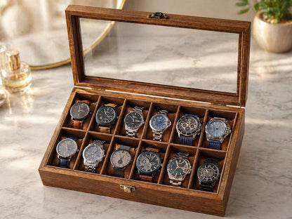 12 Slot Wood Watch Box With Large Glass Lid - Rustic Walnut