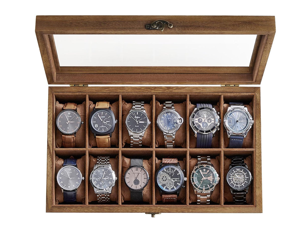 12 Slot Wood Watch Box With Large Glass Lid - Rustic Walnut