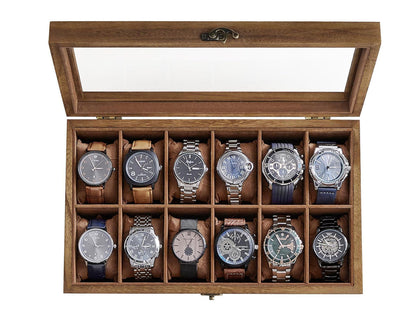 12 Slot Wood Watch Box With Large Glass Lid - Rustic Walnut