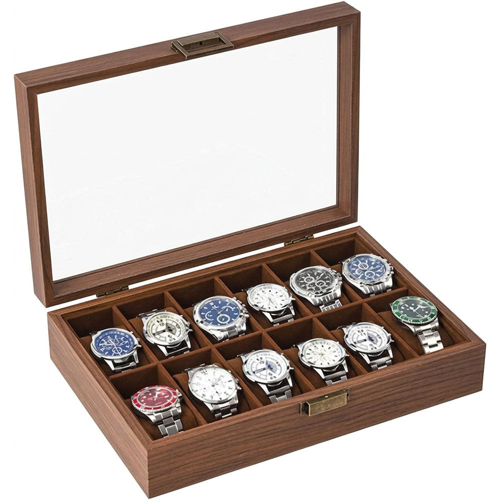 12 Slot Wood Watch Box With Large Glass Lid - Rustic Walnut
